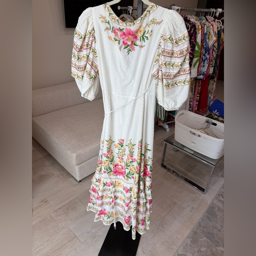 FARM Rio White Midi Dress with Pink & Green Floral Embroidery - Picture 6 of 9